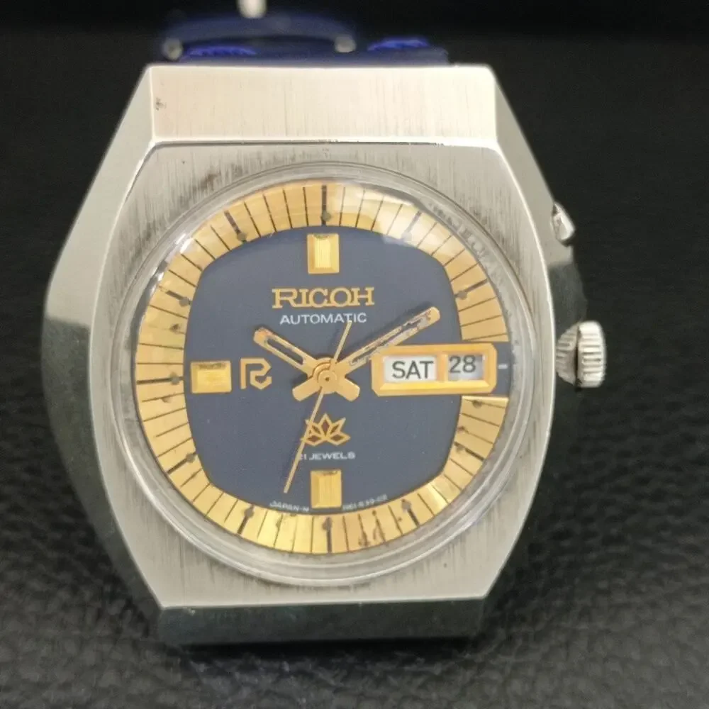 Vintage 1978 Ricoh Automatic Mens Silver Watch W/daydate & Gold accents